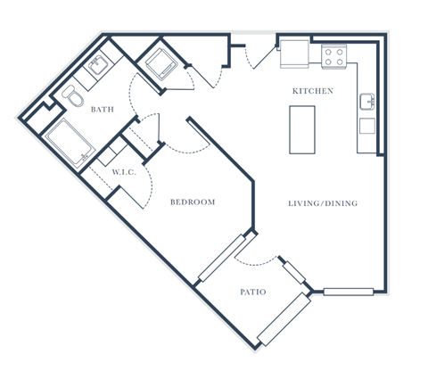 Floor plan for 1 bed, 1 bath, 751 sqft